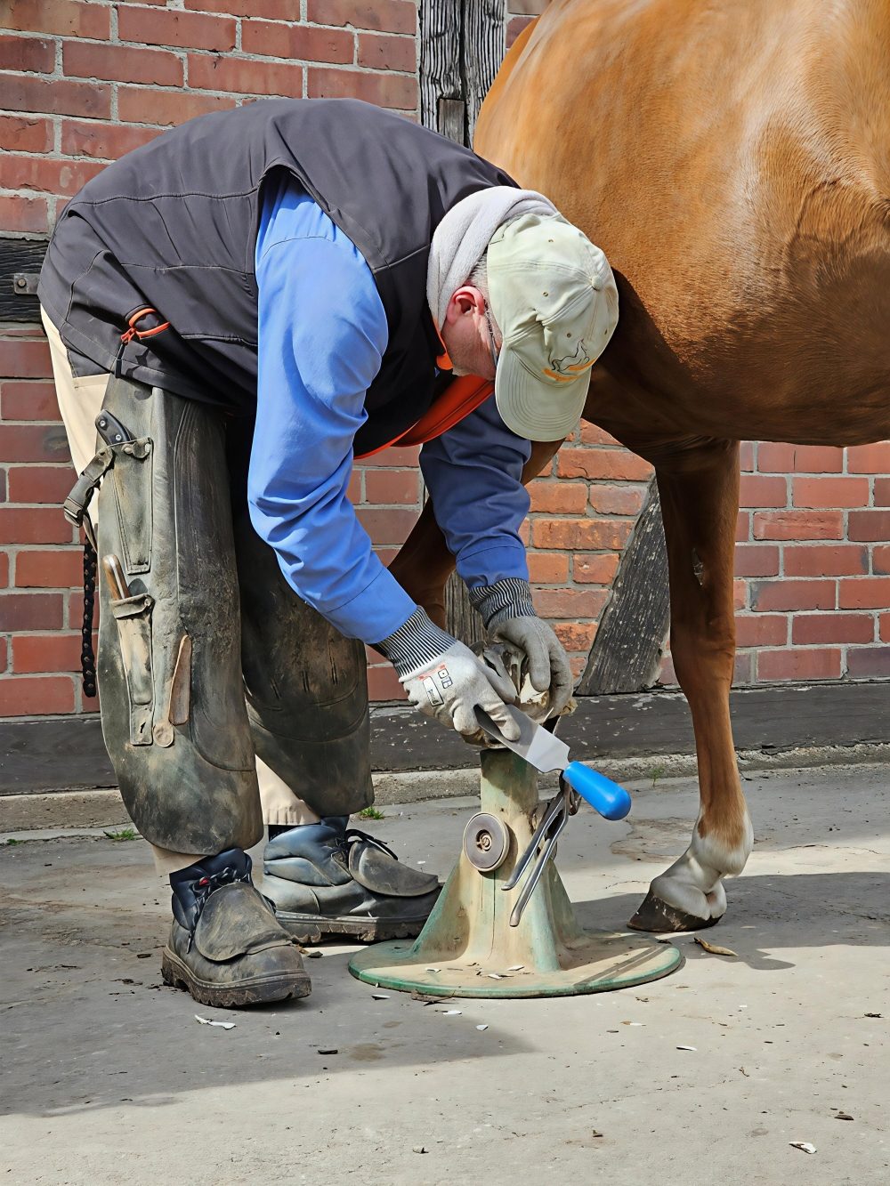 Titelbild der Startseite von www.barhuf-brueckner.de Hufpfleger bearbeitet den Huf eines Pferdes.